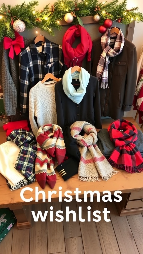 Christmas Wishlist Ideas for Clothing A collection of clothing items for Christmas gifts, including sweaters, jackets, and scarves, displayed with holiday decorations.